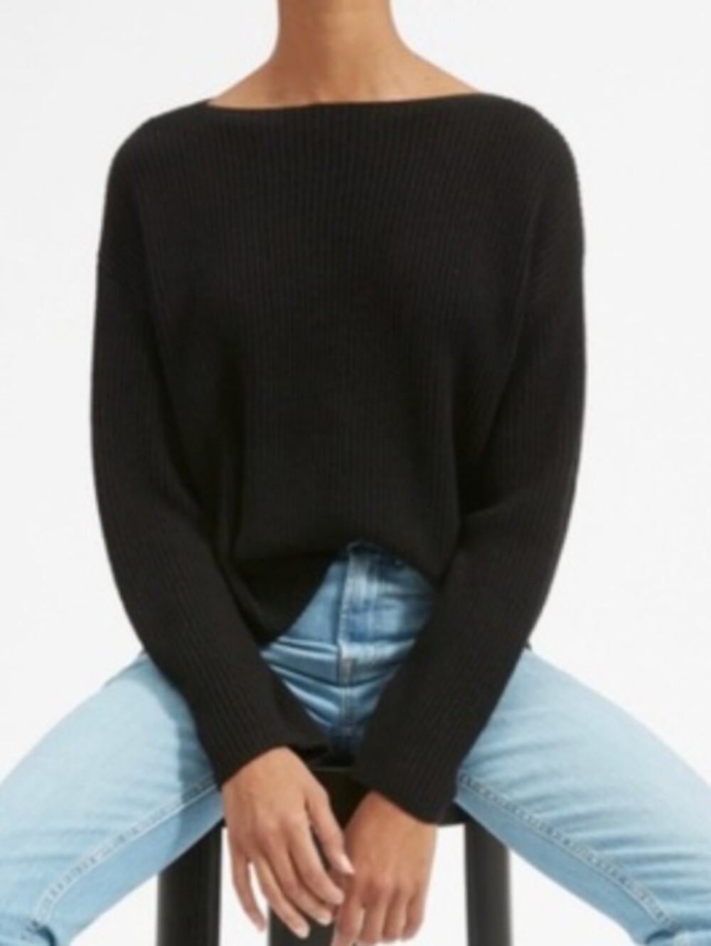 EVERLANE black cashmere ribbed long sleeve boat neck sweater sz XS